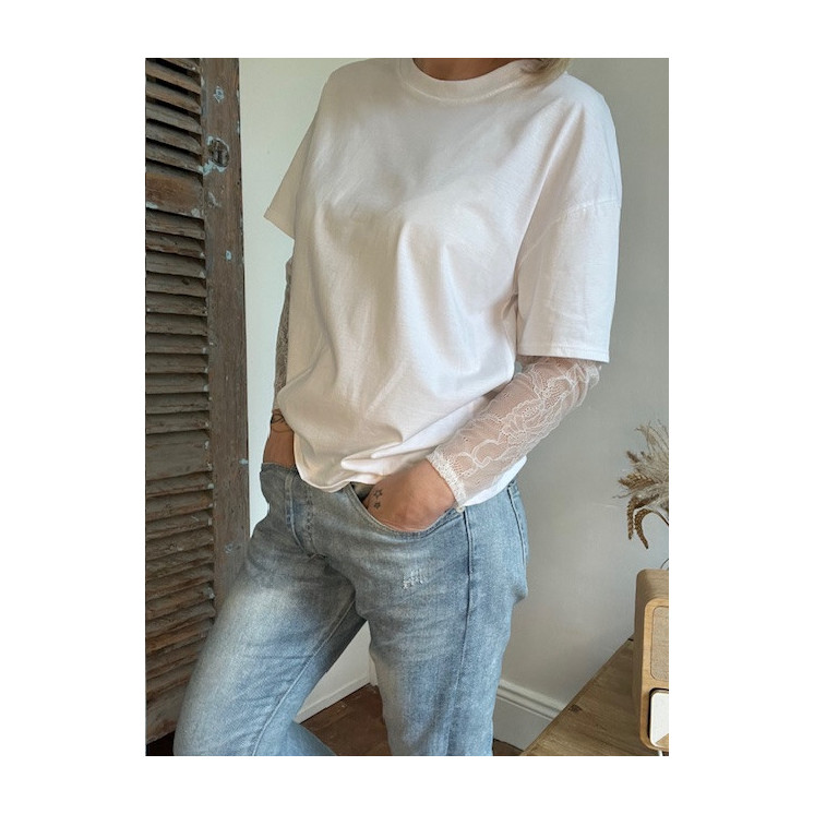 T-shirt à manches en dentelle blanche -élégante féminine
