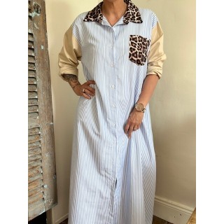 Robe chemise rayures bleu et blanc et léopard