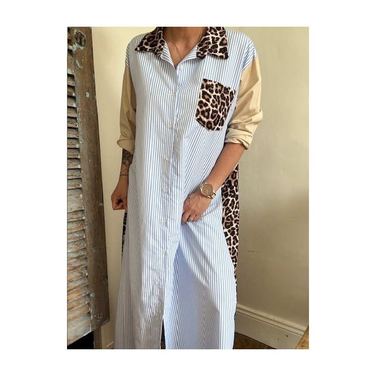 Robe chemise rayures bleu et blanc et léopard