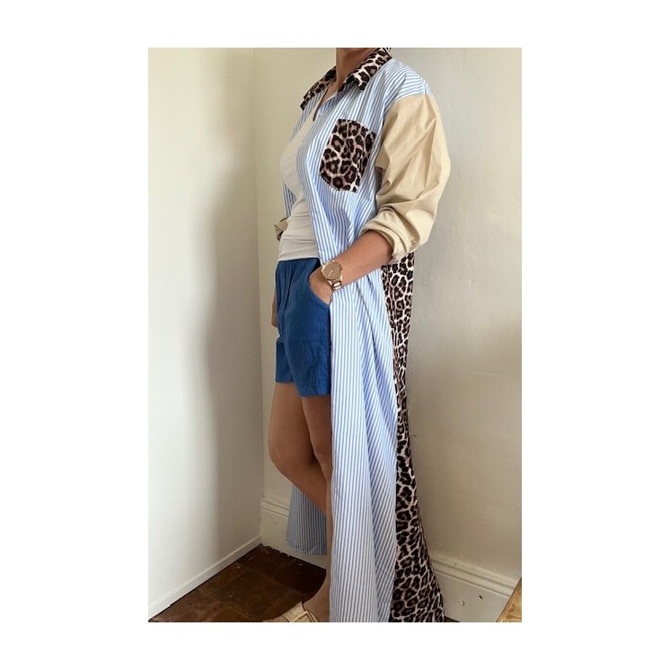 Robe chemise rayures bleu et blanc et léopard