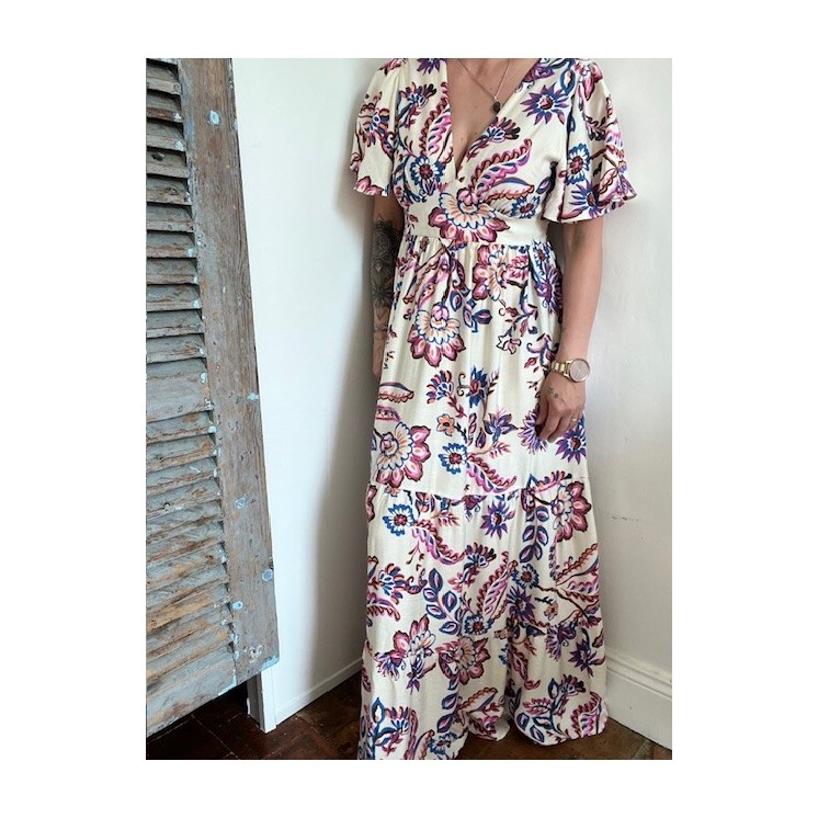 Robe longue bohème beige motif rose bleu