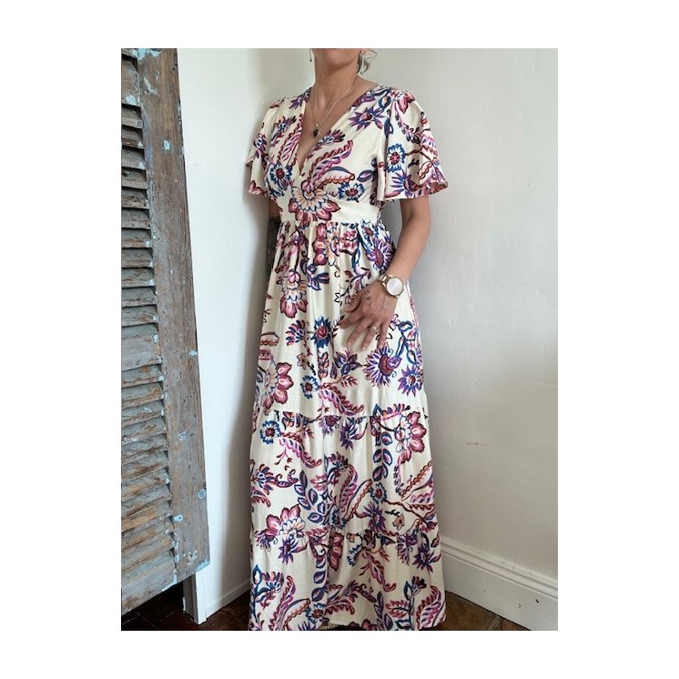 Robe longue bohème beige motif rose bleu