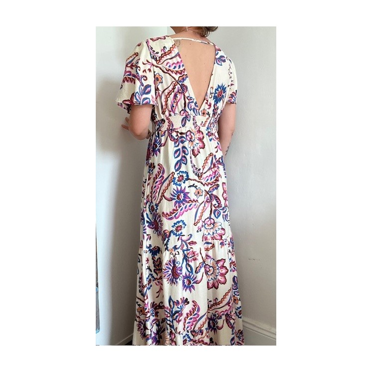 Robe longue bohème beige motif rose bleu