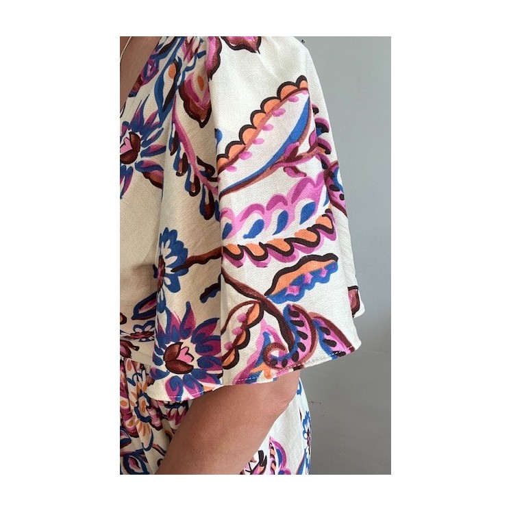Robe longue bohème beige motif rose bleu