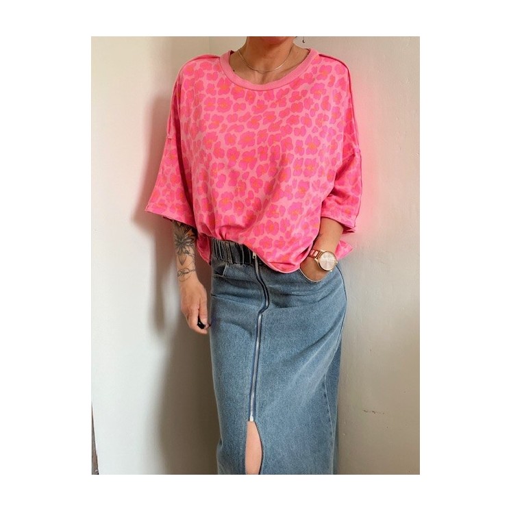 Sweat manches courtes léger -rose motif léopard
