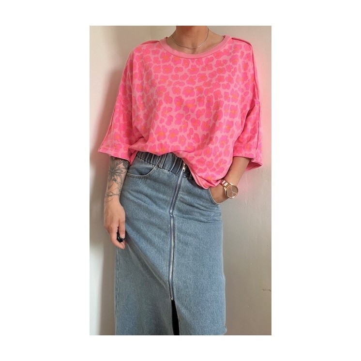 Sweat manches courtes léger -rose motif léopard