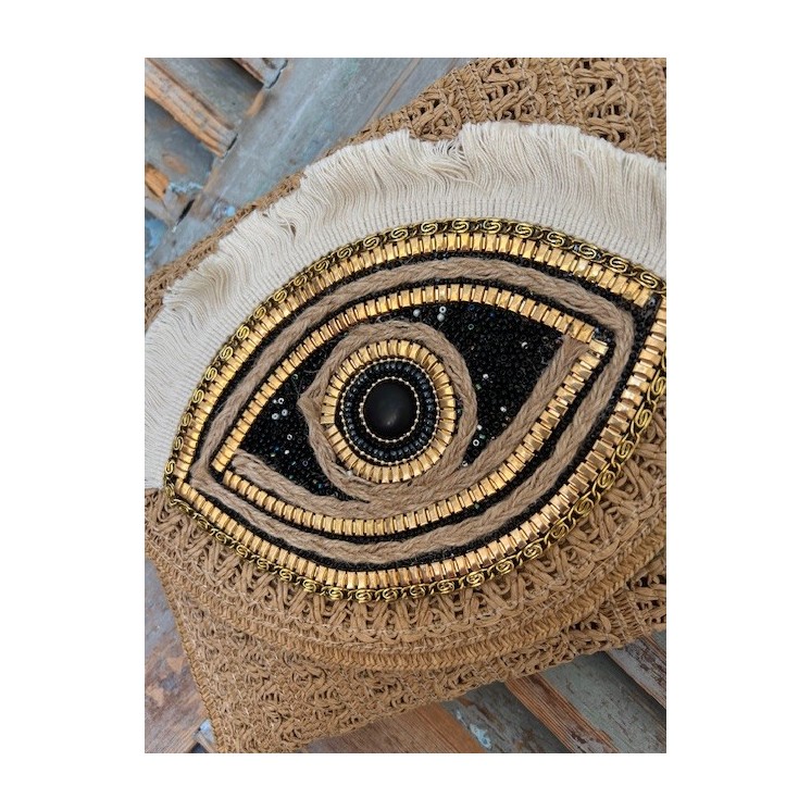 Sac à main raphia beige avec oeil noir et doré et perles