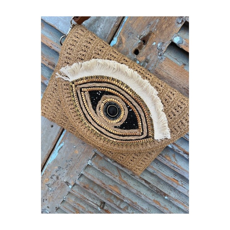 Sac à main raphia beige avec oeil noir et doré et perles