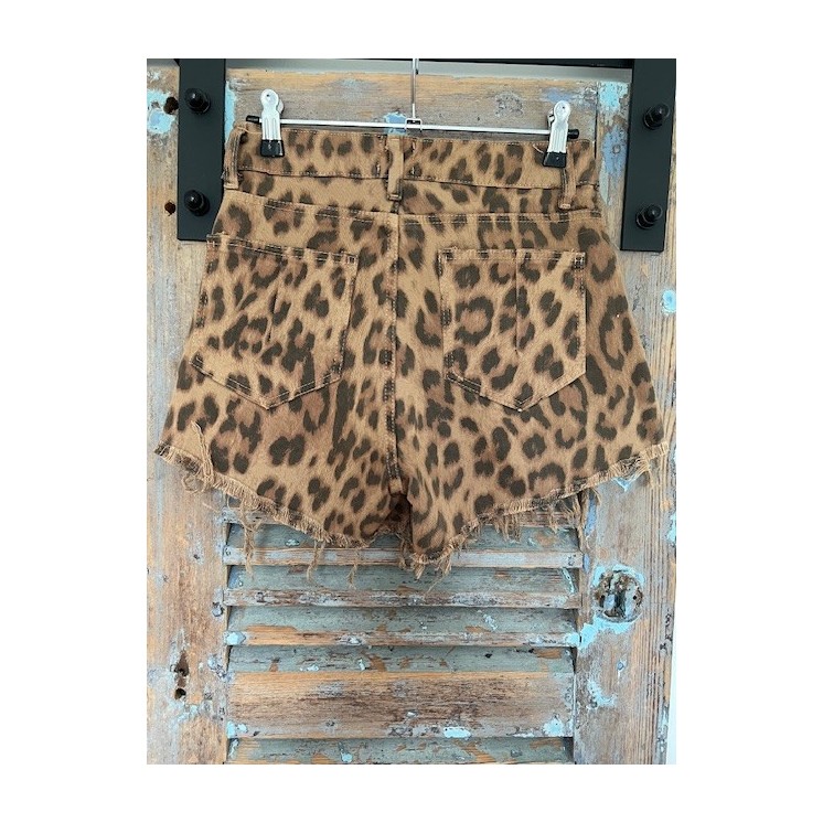 Short en jean leopard marron-effet frnagé & style sauvage
