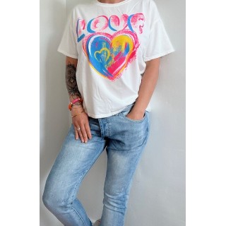 T-shirt blanc love femme-Gros coeur bleu et rose -style doux et coloré