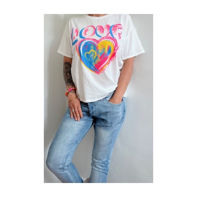 T-shirt blanc love femme-Gros coeur bleu et rose -style doux et coloré