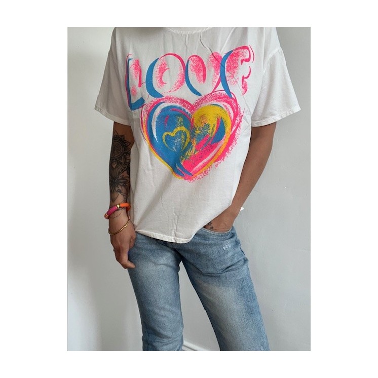 T-shirt blanc love femme-Gros coeur bleu et rose -style doux et coloré