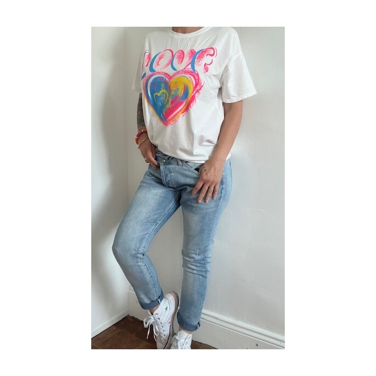 T-shirt blanc love femme-Gros coeur bleu et rose -style doux et coloré