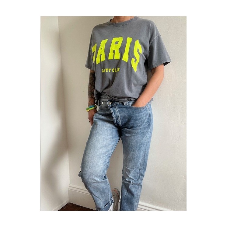 T-shirt gris bleuté "PARIS" femme - jaune fluo esprit urbain & tendance