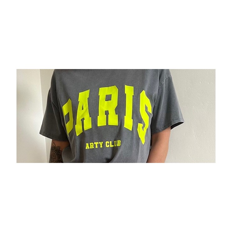 T-shirt gris bleuté "PARIS" femme - jaune fluo esprit urbain & tendance