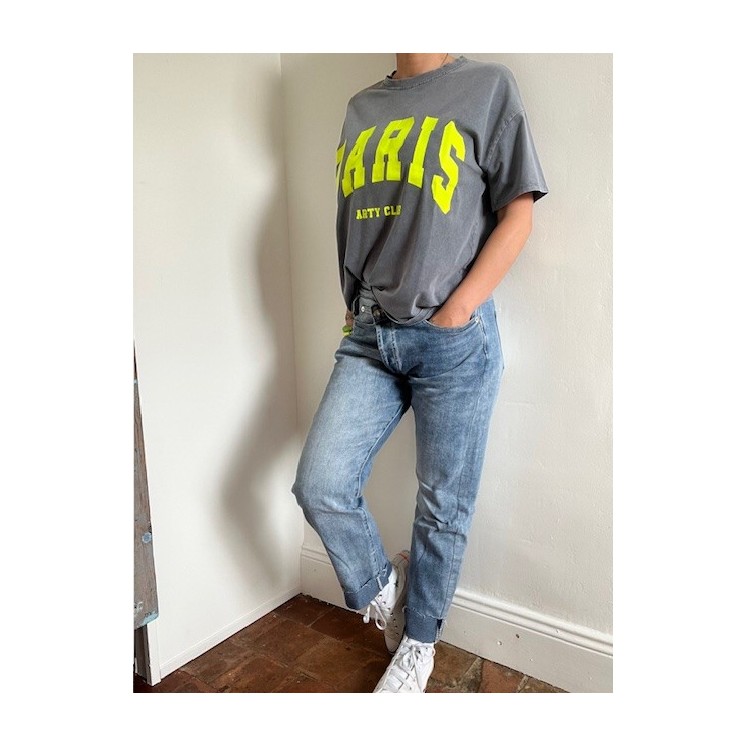T-shirt gris bleuté "PARIS" femme - jaune fluo esprit urbain & tendance