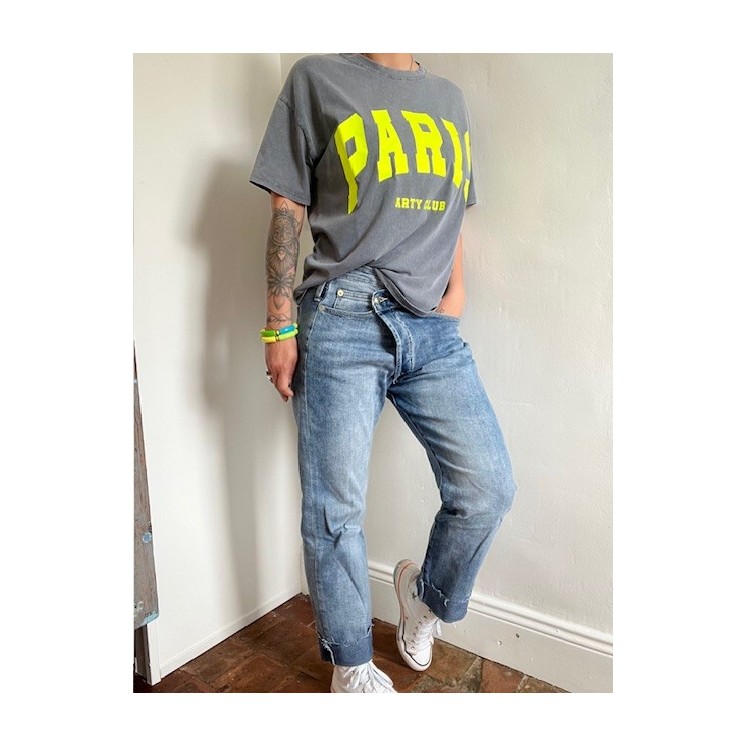 T-shirt gris bleuté "PARIS" femme - jaune fluo esprit urbain & tendance