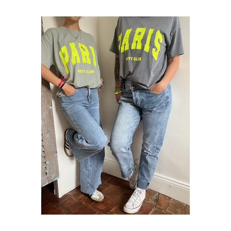 T-shirt gris bleuté "PARIS" femme - jaune fluo esprit urbain & tendance