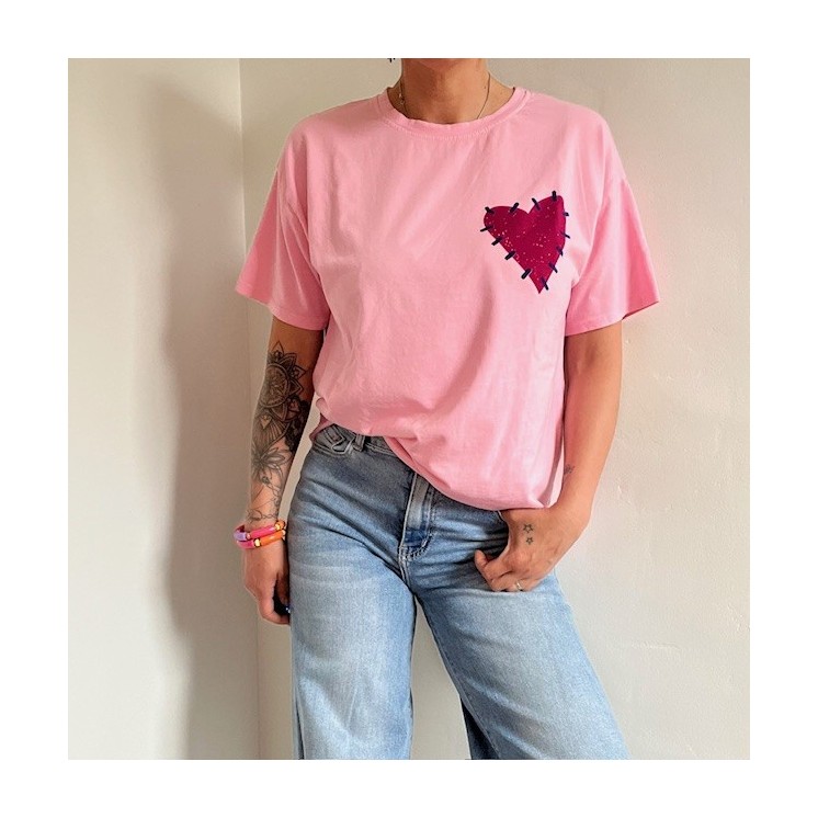 T-shirt rose pâle -coeur fuchsia