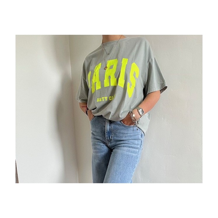 T-shirt gris "Paris" femme-jaune fluo esprit urbain & tendance