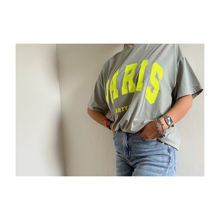 T-shirt gris "Paris" femme-jaune fluo esprit urbain & tendance
