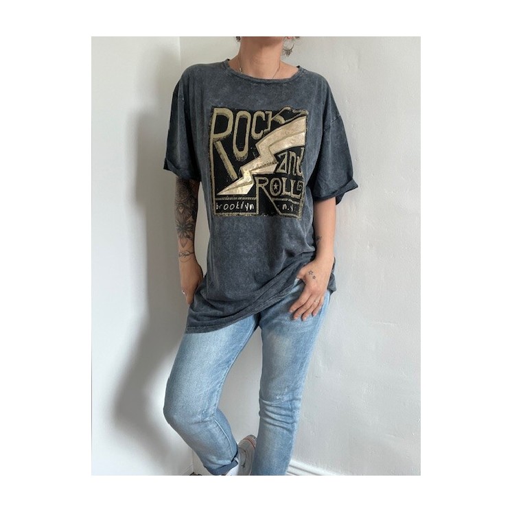 T-shirt long noir Rock'n'roll femme - inscriptions dorées