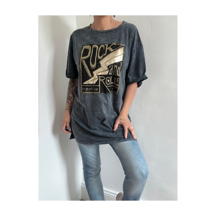 T-shirt long noir Rock'n'roll femme - inscriptions dorées
