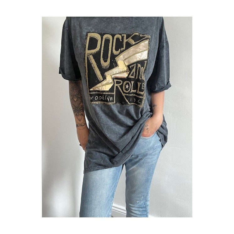 T-shirt long noir Rock'n'roll femme - inscriptions dorées
