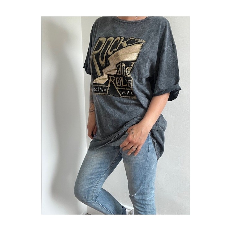T-shirt long noir Rock'n'roll femme - inscriptions dorées