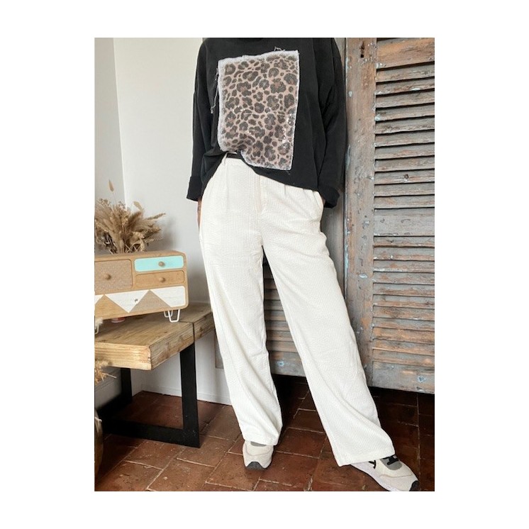 pantalon large velours crème femme-élégant, doux et confortable