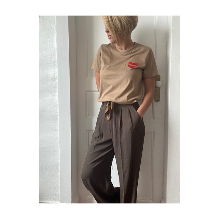 Pantalon fluide taille haute femme -marron avec ceinture