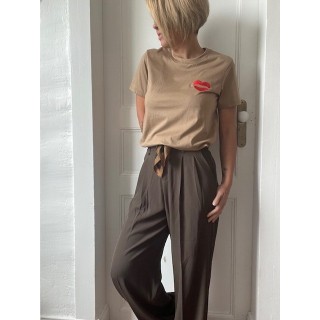 Pantalon fluide taille haute femme -marron avec ceinture