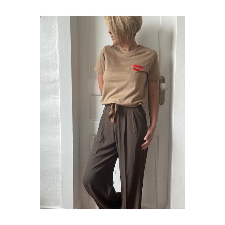 Pantalon fluide taille haute femme -marron avec ceinture