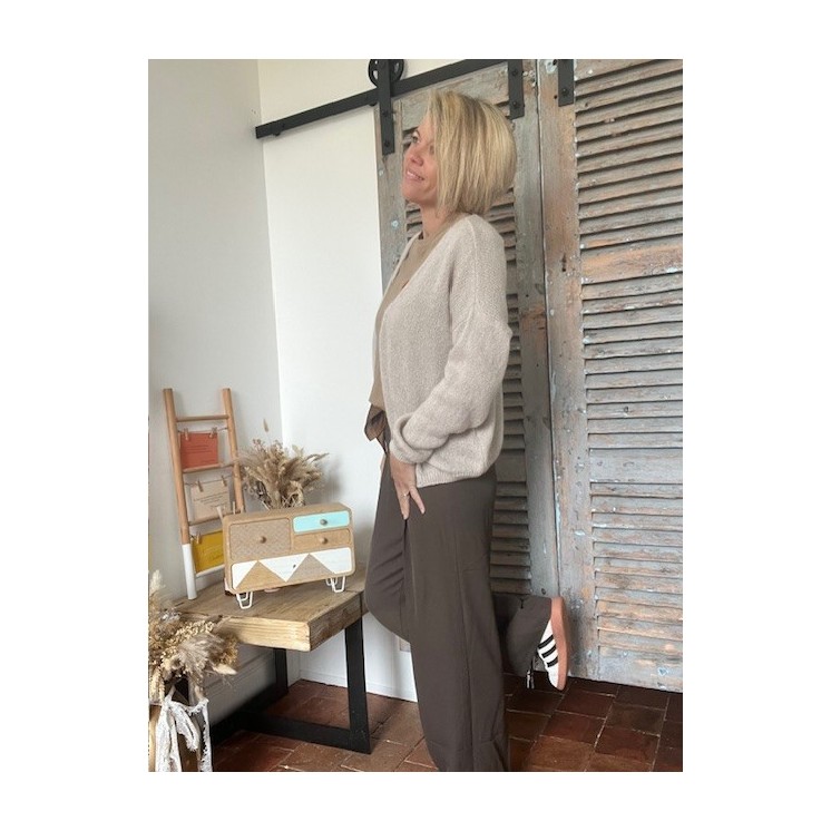 Pantalon fluide taille haute femme -marron avec ceinture