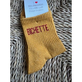 Chaussettes ocre ¨Bichette¨-écriture rouge paillette , tendance accessoires cadeau femme