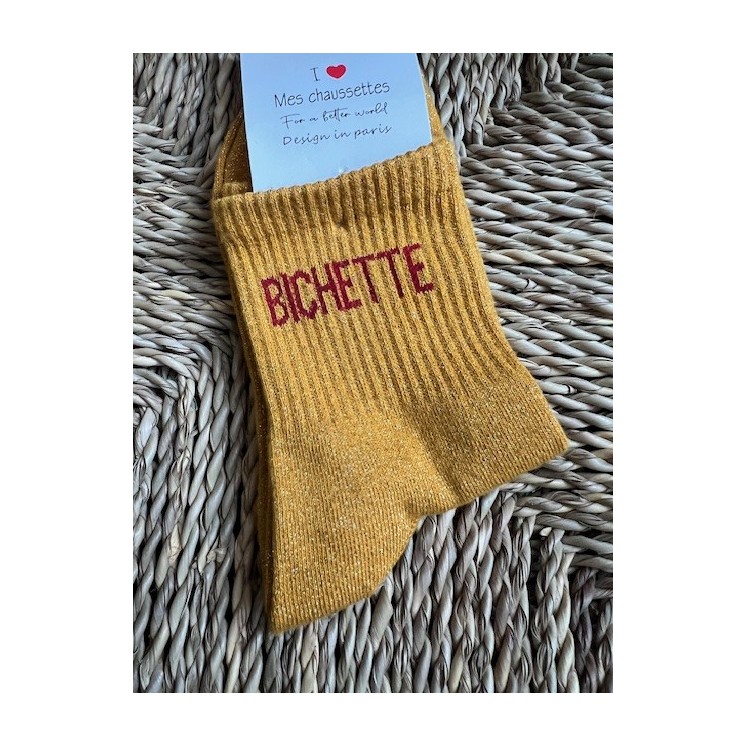 Chaussettes ocre ¨Bichette¨-écriture rouge paillette , tendance accessoires cadeau femme