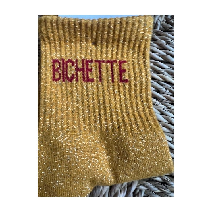 Chaussettes ocre ¨Bichette¨-écriture rouge paillette , tendance accessoires cadeau femme