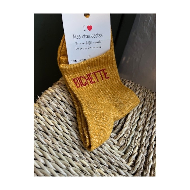 Chaussettes ocre ¨Bichette¨-écriture rouge paillette , tendance accessoires cadeau femme
