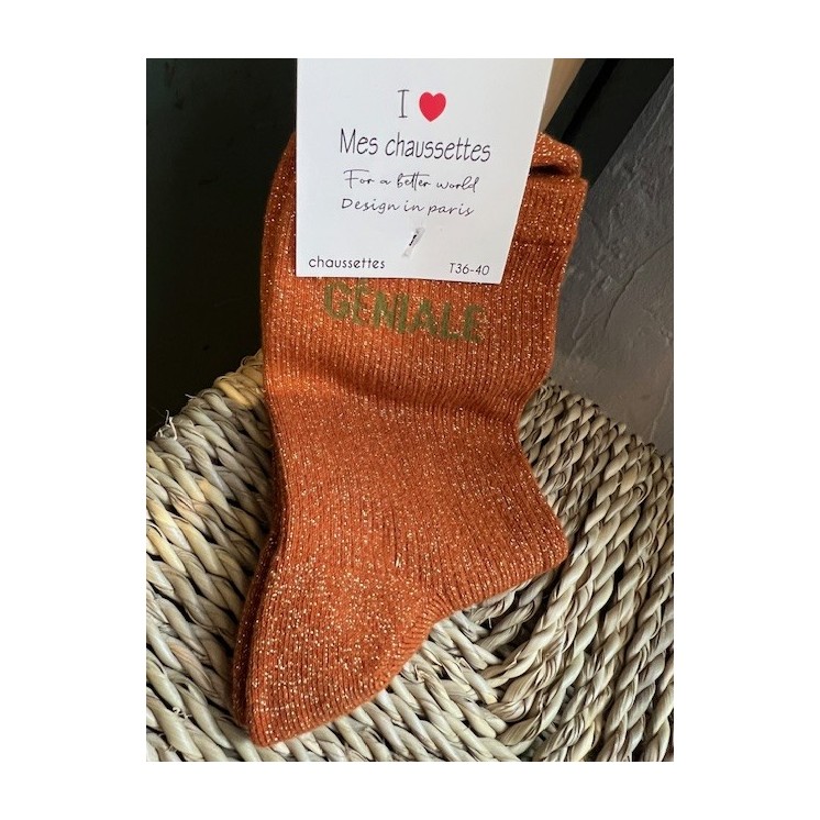 Chaussettes rouille inscription kaki "Géniale" style unique , confort