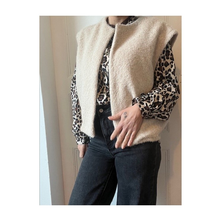 Gilet sans manches en laine bouillie beige -style chic bohème