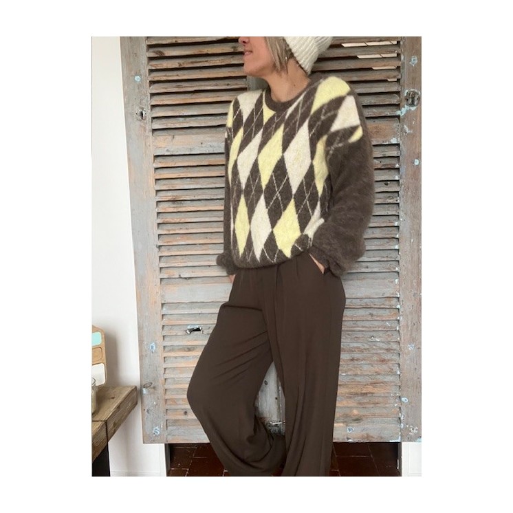 Pull jacquard marron et jaune -pull ultra doux tendance automne/hiver
