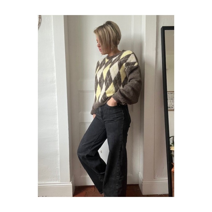 Pull jacquard marron et jaune -pull ultra doux tendance automne/hiver