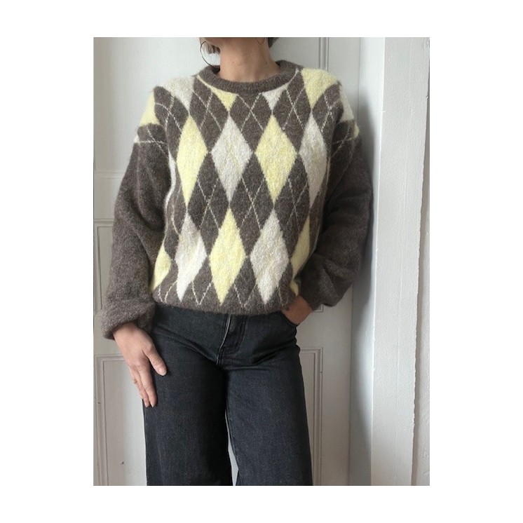 Pull jacquard marron et jaune -pull ultra doux tendance automne/hiver