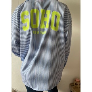 Chemise à rayures bleu et blanche motif ciao dans le dos , jaune fluo