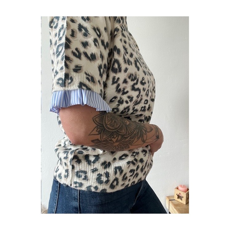 pull léopard clair manches courtes effet chemise -chic et élégant