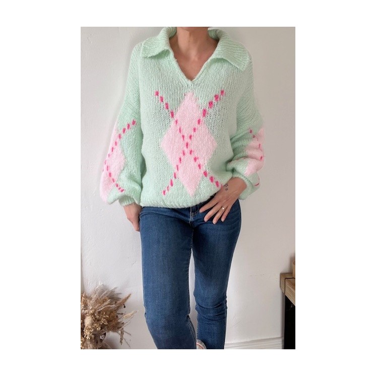 pull avec col motif jacquard femme -tendance et doux rose ou vert