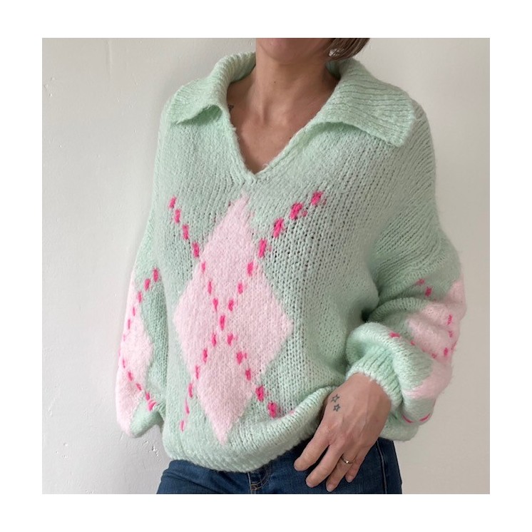pull avec col motif jacquard femme -tendance et doux rose ou vert
