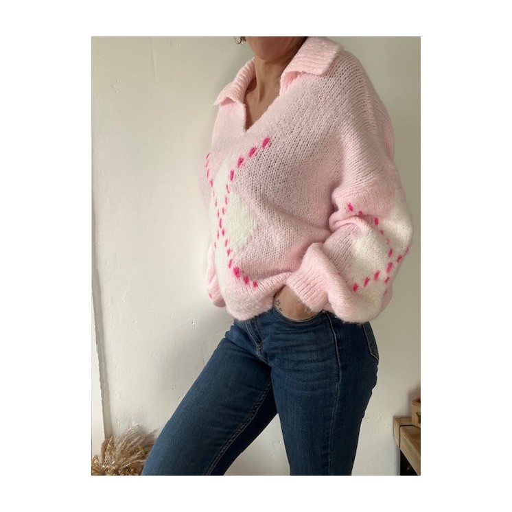 pull avec col motif jacquard femme -tendance et doux rose ou vert
