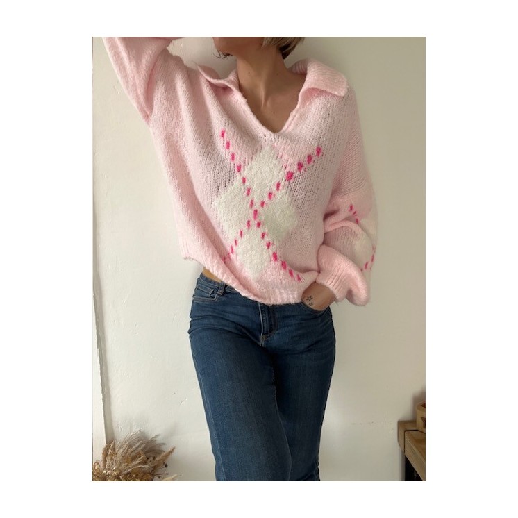 pull avec col motif jacquard femme -tendance et doux rose ou vert