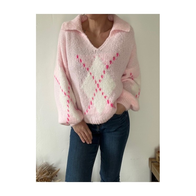 pull avec col motif jacquard femme -tendance et doux rose ou vert